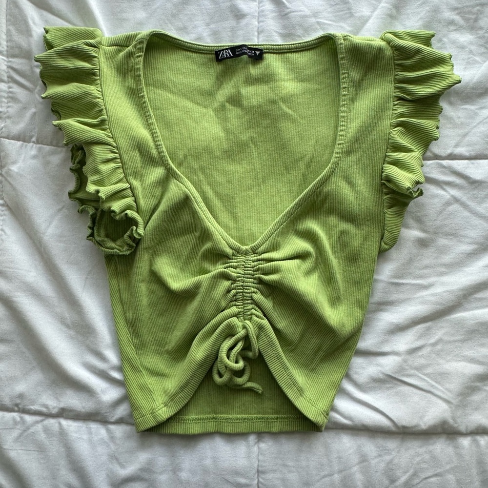 Zara Green Cropped Low Neck Flare Sleeve Top